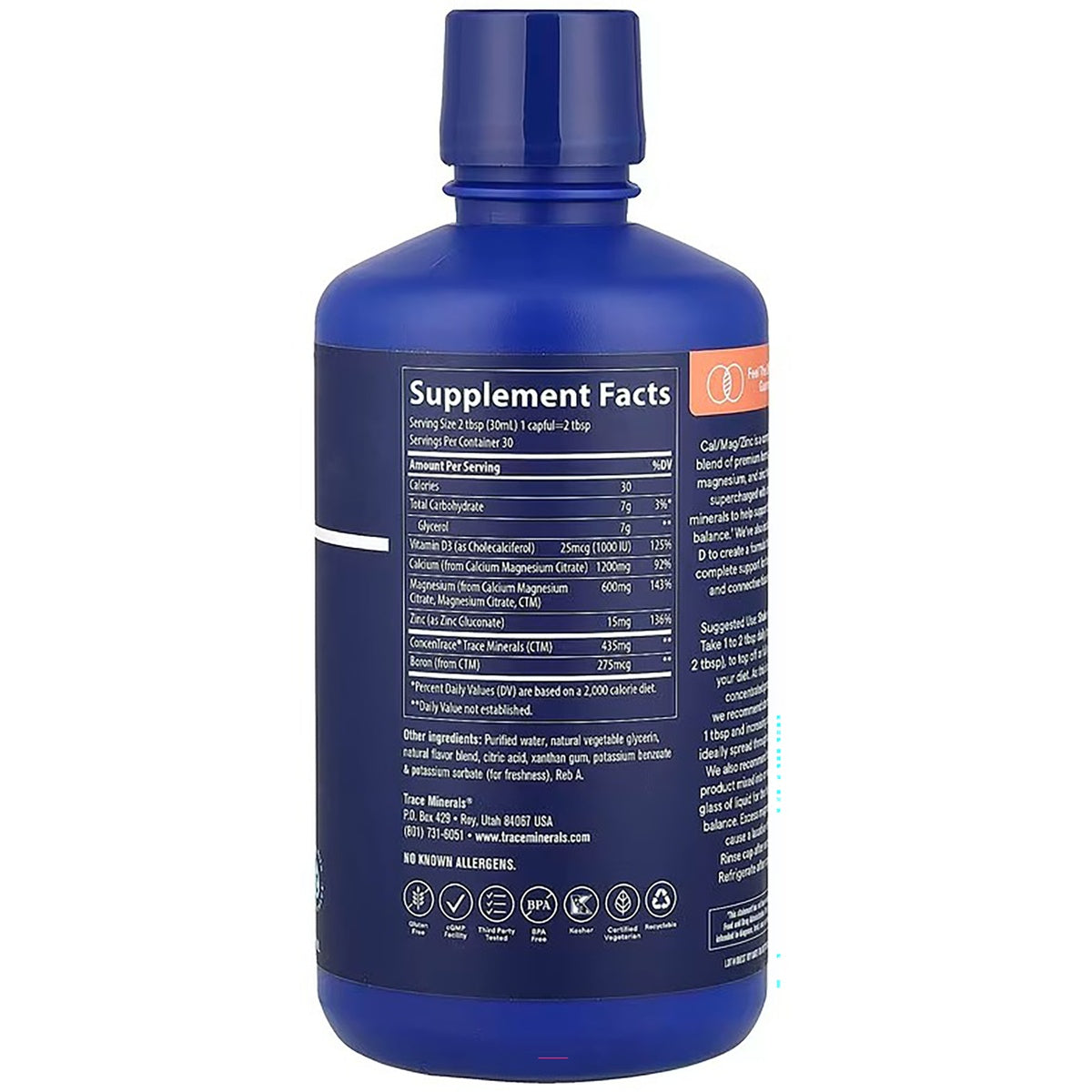 TM016 | Supplement Facts panel on back label of blue Trace Minerals liquid supplement bottle