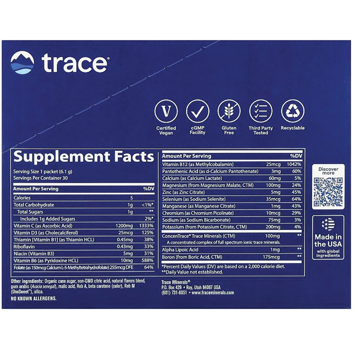 TM014 | Back panel with Supplement Facts, Certified Vegan, Gluten Free, cGMP, Third-Party Tested, Made in the USA