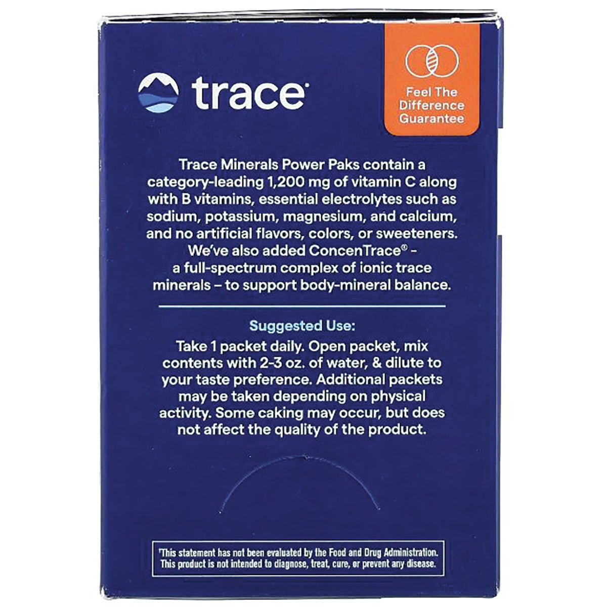 TM014 | Trace Minerals Power Paks box back with Trace logo, Feel The Difference Guarantee, and Suggested Use directions