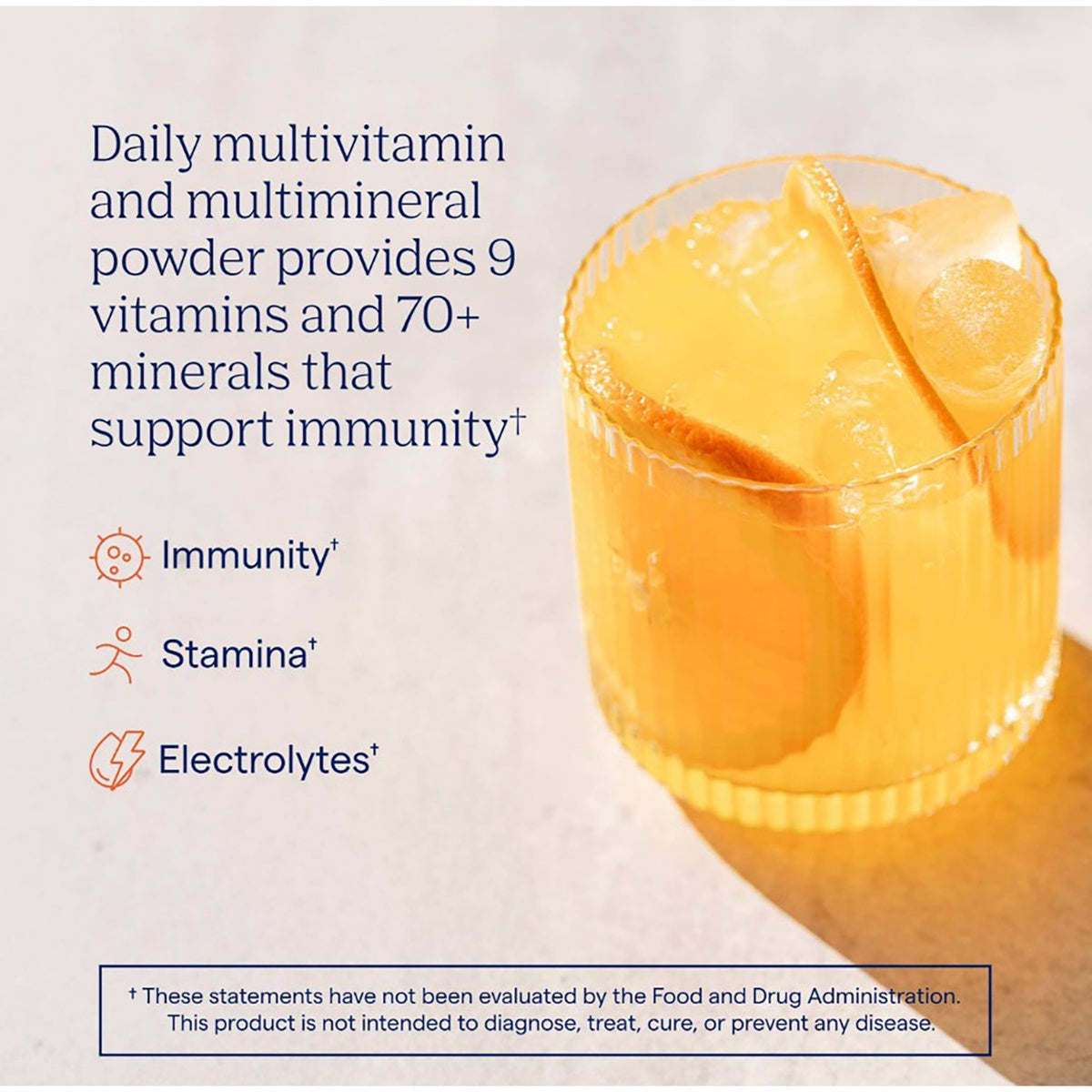 TM014 | Daily multivitamin powder in an orange drink with text highlighting immunity, stamina, and electrolytes