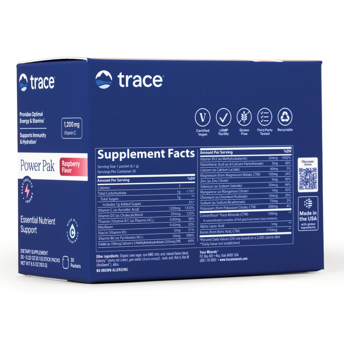 TM021 | Back of Trace Power Pak Raspberry Flavor box with Supplement Facts and certifications