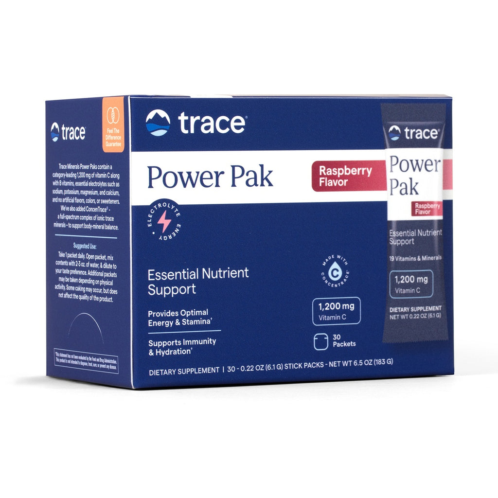 TM021 | Trace Power Pak Raspberry Flavor electrolyte drink mix box, 1,200 mg Vitamin C, 30 packets - Thumbnail