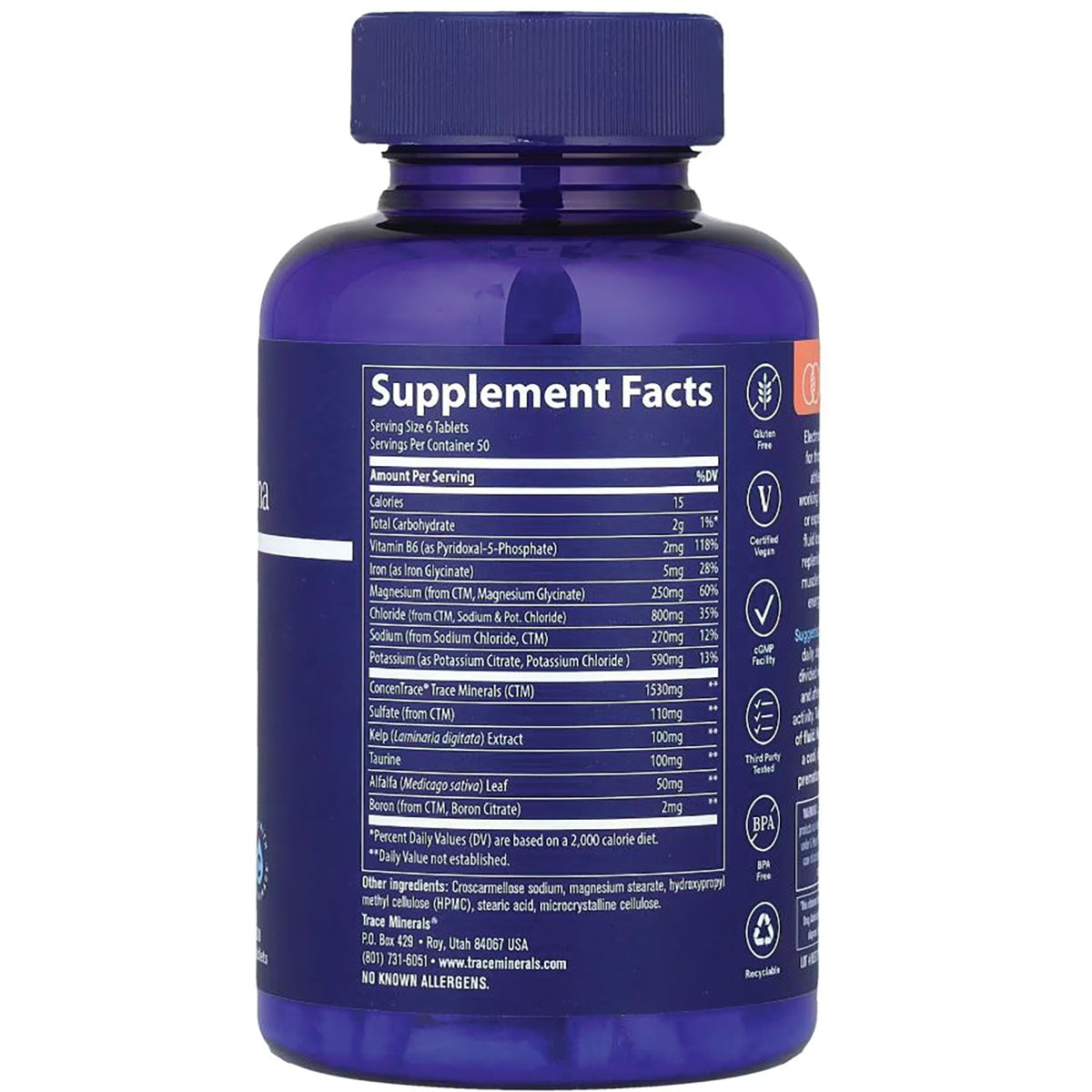 TM040 | Back of blue supplement bottle showing Supplement Facts panel and icons