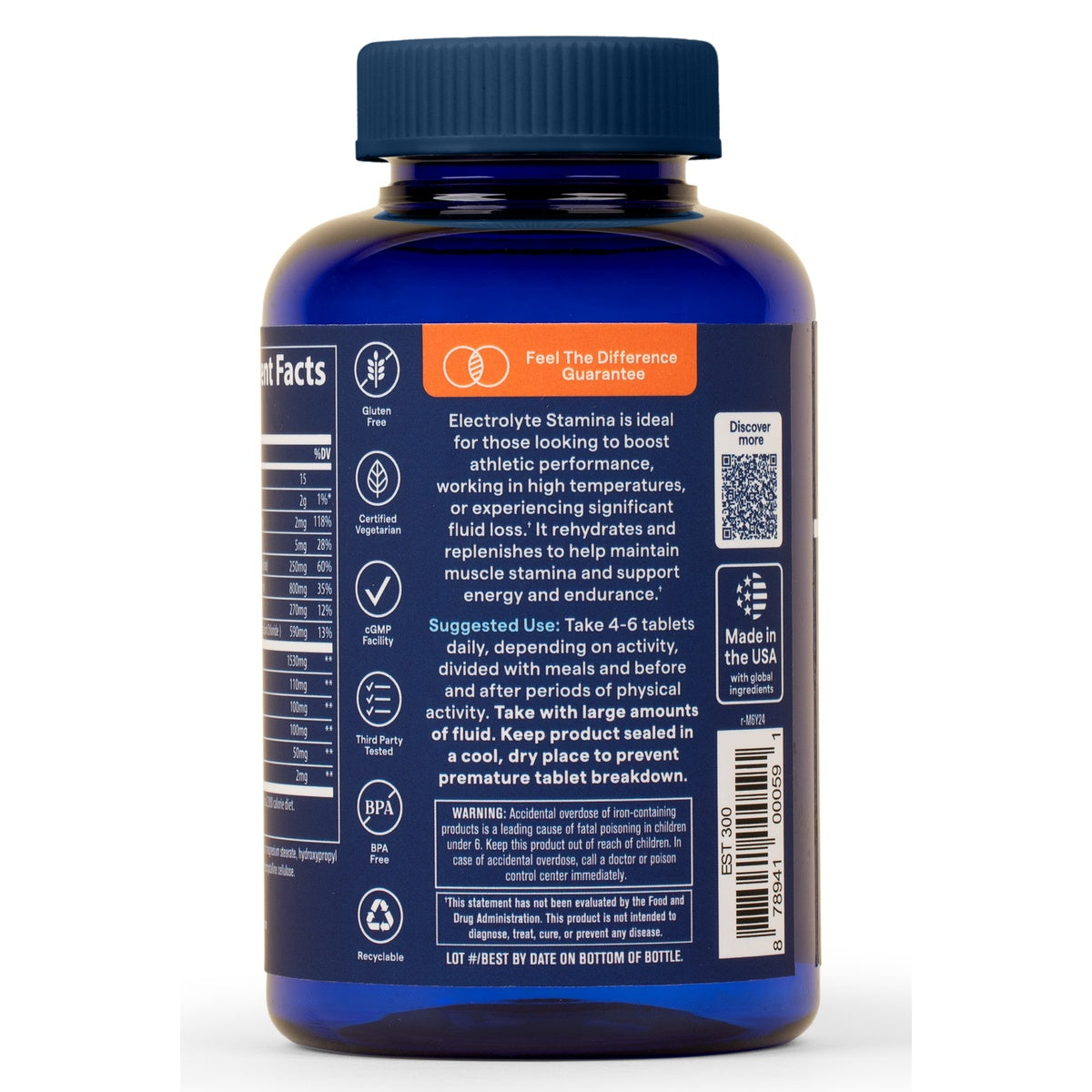 TM040 | Back label of blue supplement bottle with facts panel, directions, QR code, and icons: Gluten Free, Certified Vegetarian