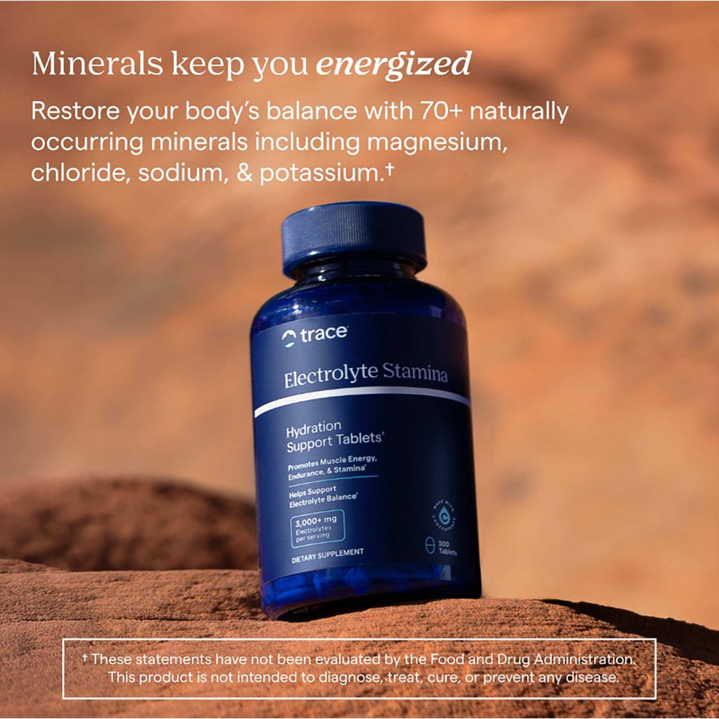 TM040 | Trace Electrolyte Stamina hydration support tablets with minerals highlighted and product bottle - Thumbnail