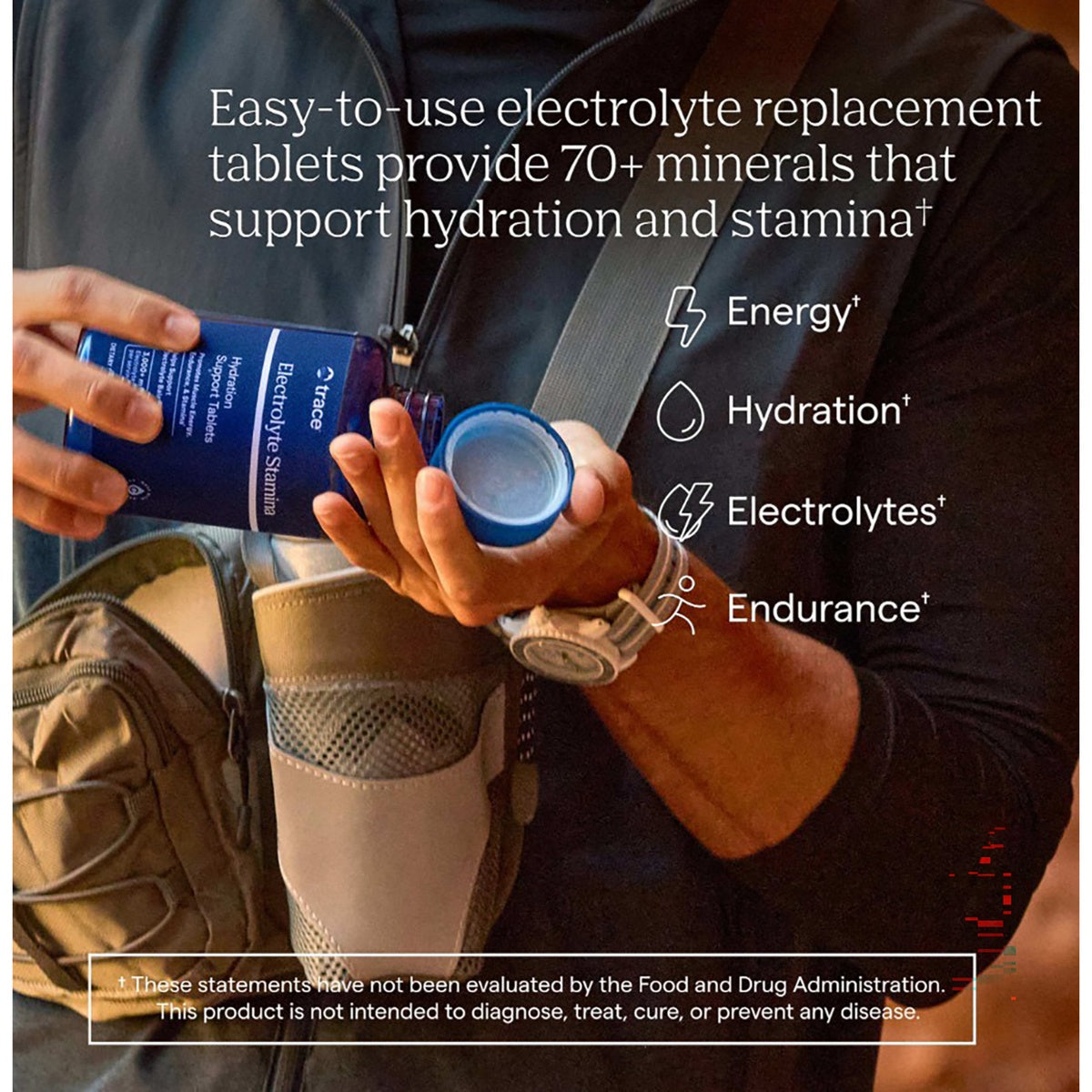 TM040 | Easy-to-use electrolyte replacement tablets support hydration, energy, electrolytes, and endurance