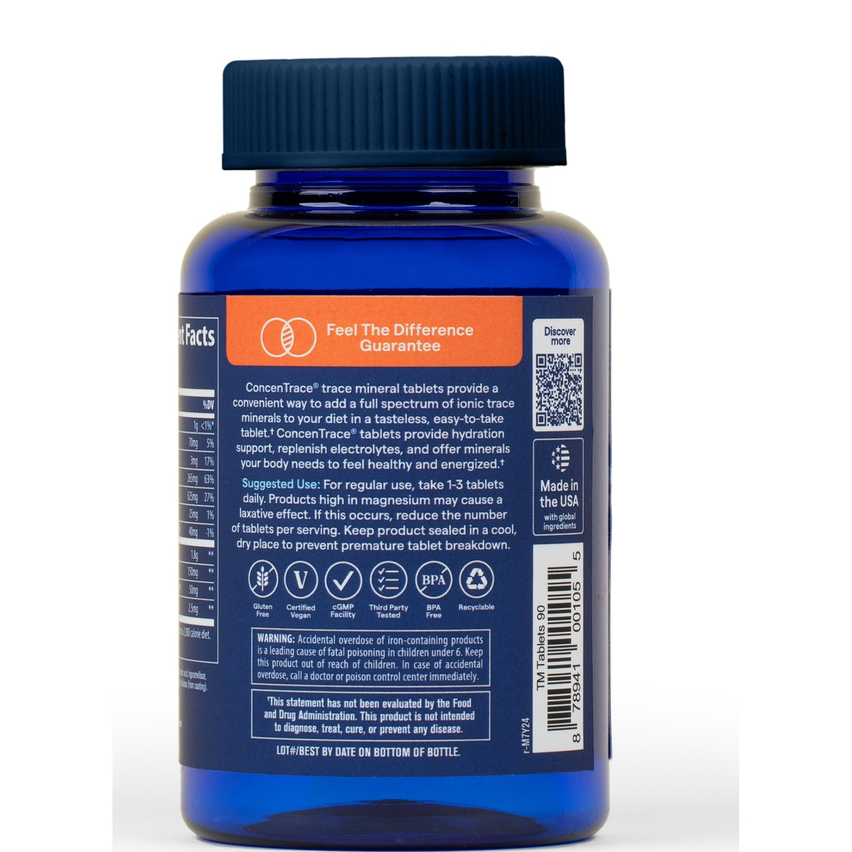 TM028 | Back label of ConcenTrace trace mineral tablets bottle with supplement facts, QR code, and barcode