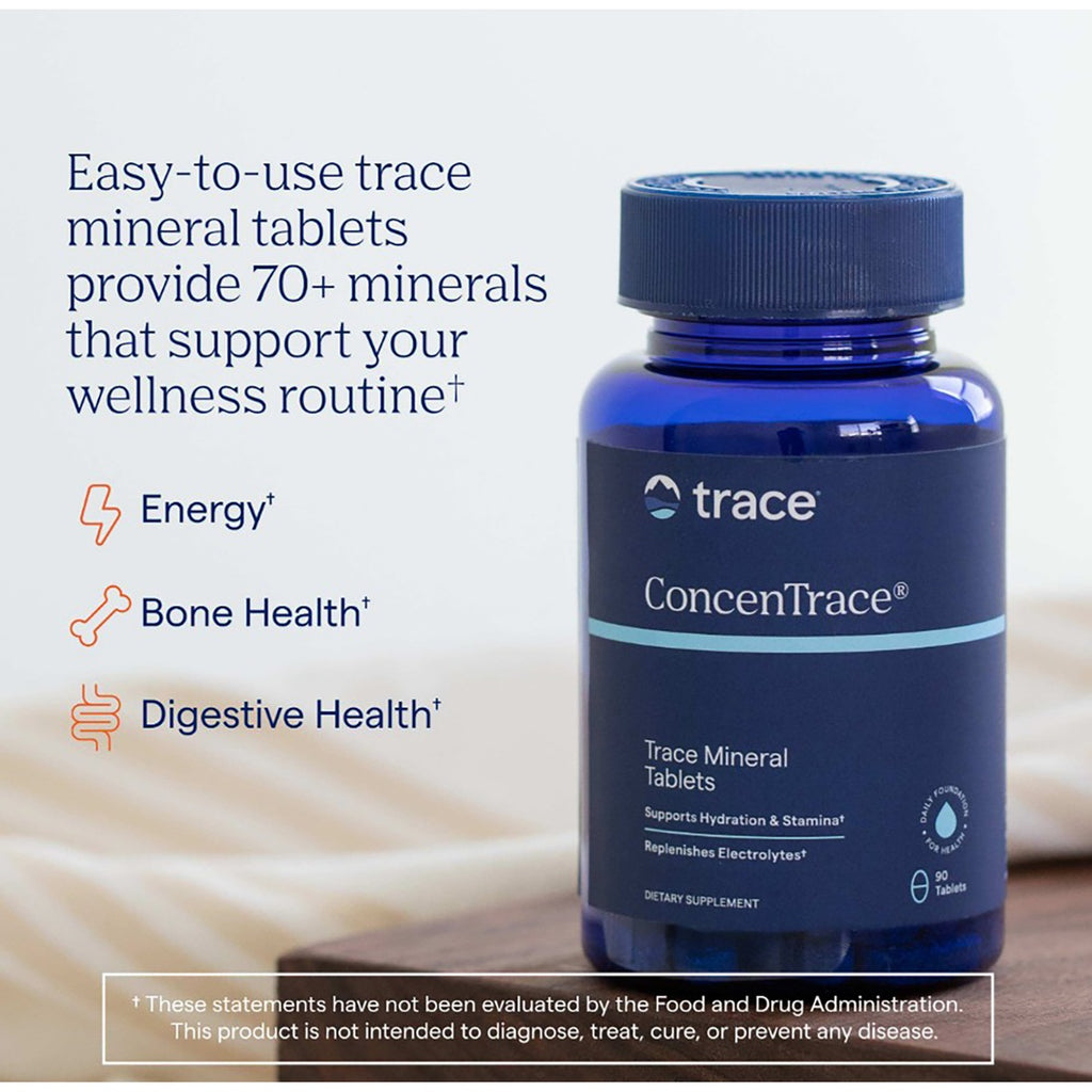 TM028 | Trace ConcenTrace trace mineral tablets bottle with benefits text for energy, bone health, and digestive health - Thumbnail