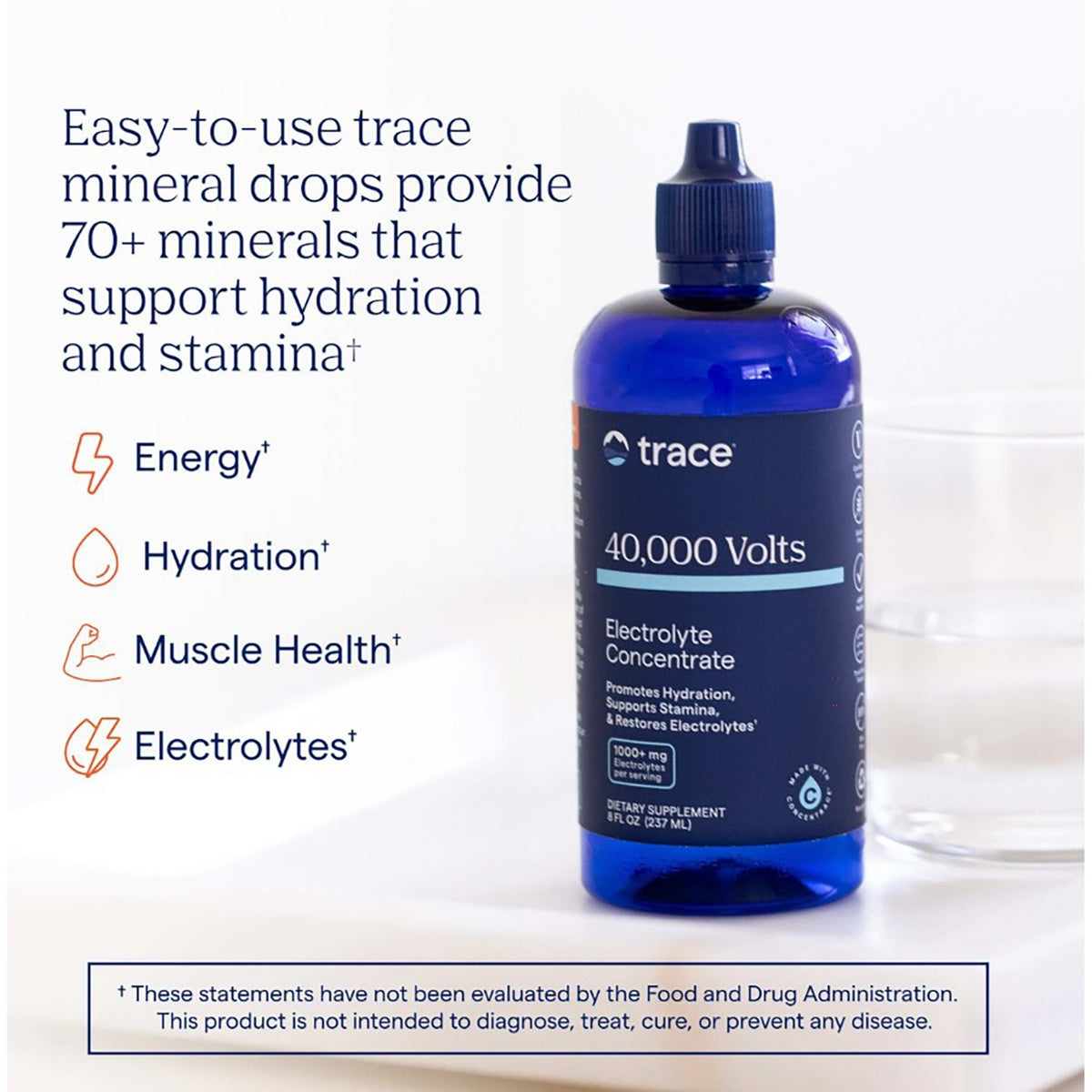 TM032 | Blue bottle of 40,000 Volts electrolyte concentrate with back label and usage instructions
