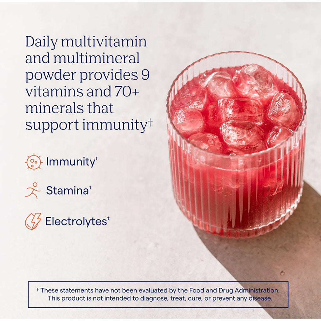 TM019 | Daily multivitamin powder in a pink drink with ice, highlighting immunity, stamina, and electrolytes - Thumbnail