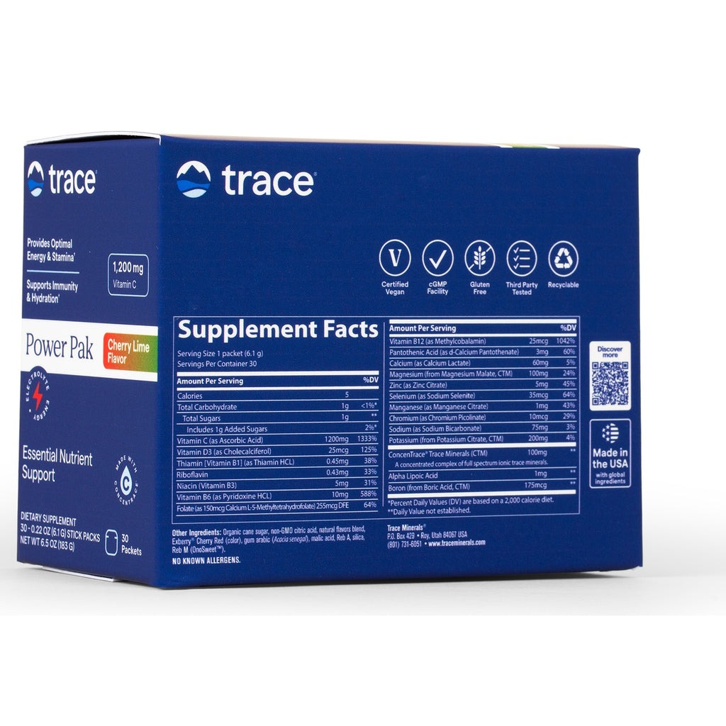 TM018 | Back of Trace Power Pak Cherry Lime Flavor box with Supplement Facts and 1,200 mg Vitamin C callout - Thumbnail