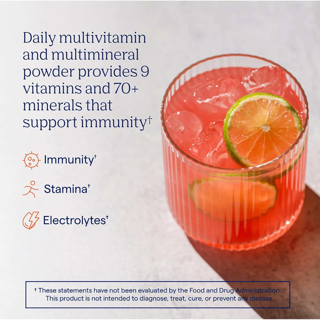 TM018 | Daily multivitamin powder in a glass with citrus garnish, highlighting immunity, stamina, and electrolytes - Thumbnail