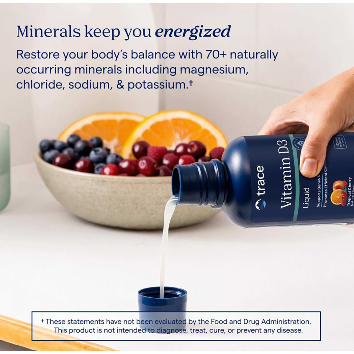 TM015 | Liquid vitamin D3 infographic showing minerals, fruit, and a pouring bottle