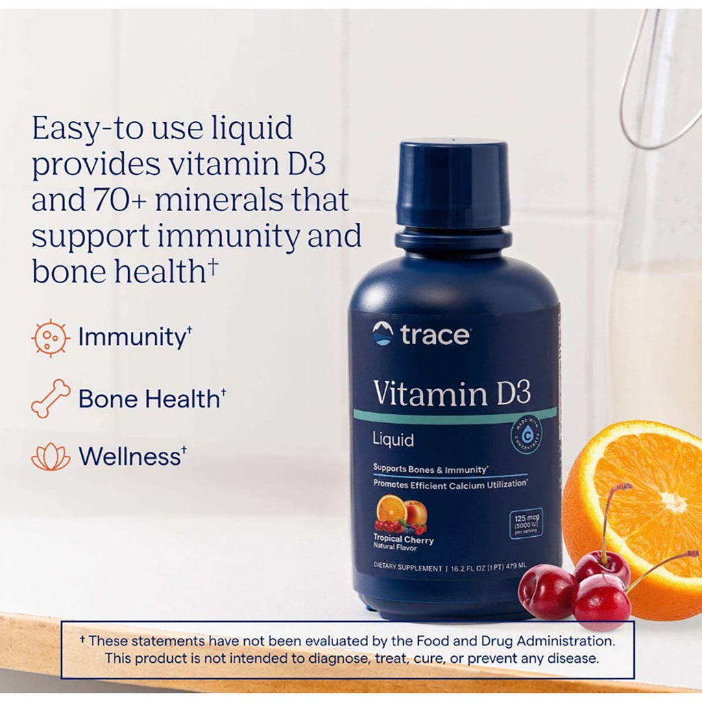 TM015 | Trace Vitamin D3 Liquid supplement bottle with tropical cherry flavor and benefits text - Thumbnail