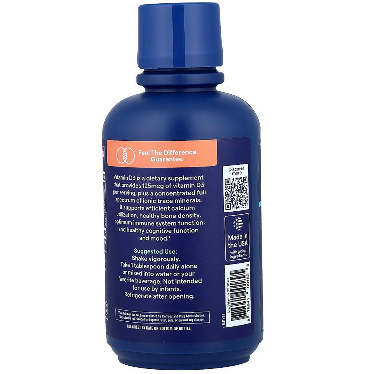TM015 | Back label of blue liquid Vitamin D3 bottle with Supplement Facts, usage, and Gluten Free, CGMP, BPA Free icons