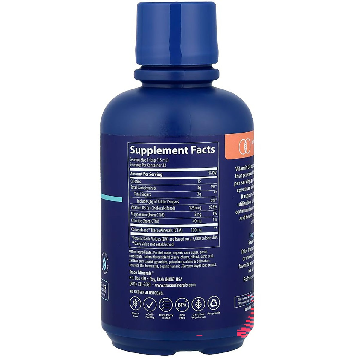 TM015 | Back of blue Trace Minerals liquid supplement bottle with Supplement Facts and ingredients panel
