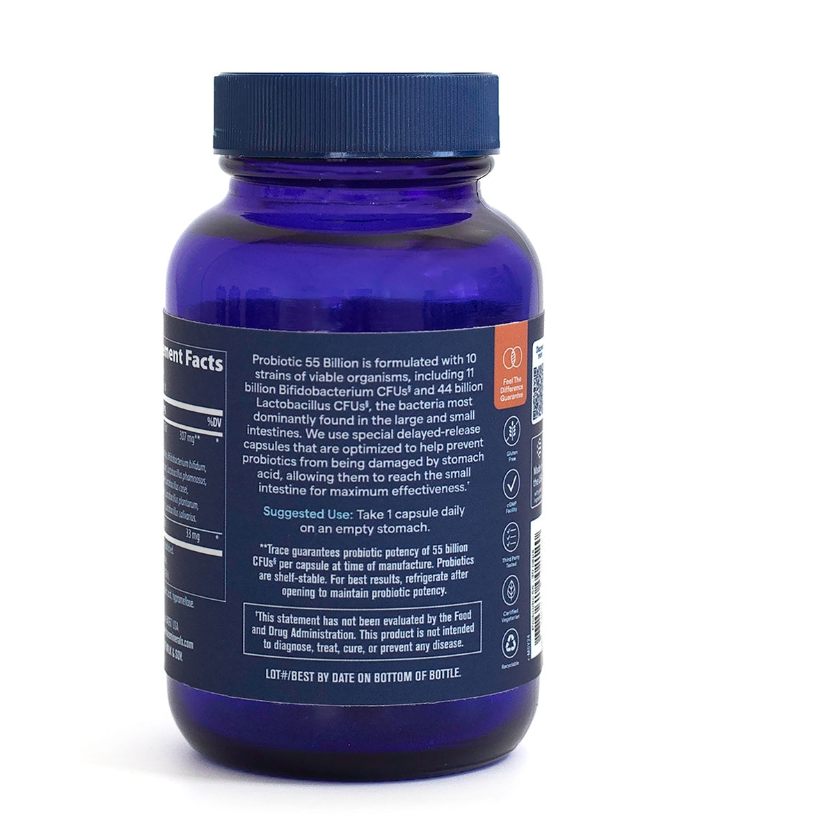TM081 | Back of blue Probiotic 55 Billion supplement bottle with directions and information panel
