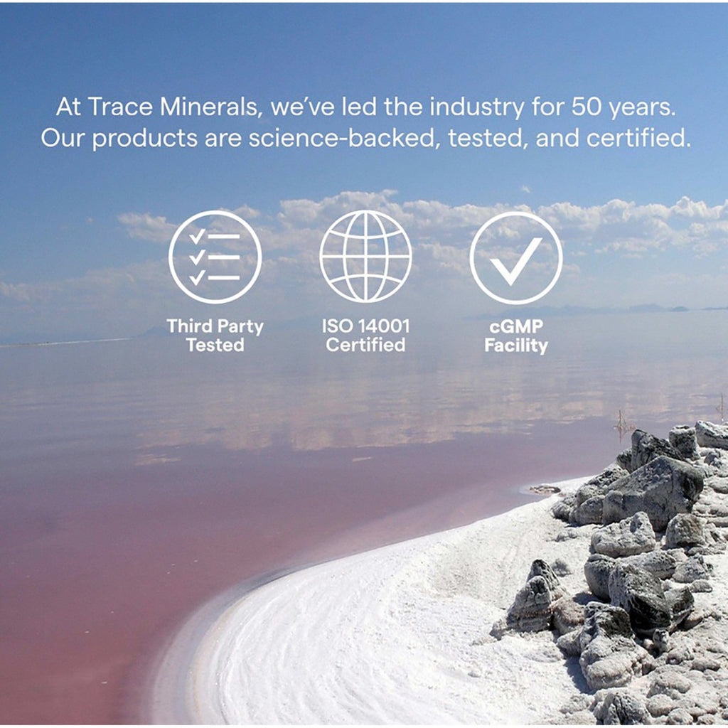 TM081 | Trace Minerals brand infographic with certified, third-party tested, and cGMP facility icons over a salt lake scene - Thumbnail