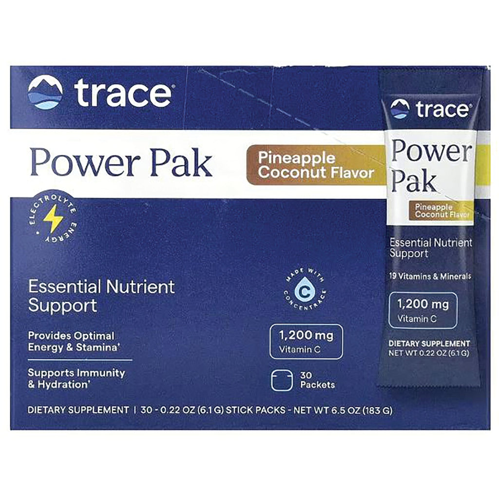 TM122 | Trace Power Pak Pineapple Coconut Flavor, front of box with stick pack; 30 packets, 1,200 mg Vitamin C - Thumbnail