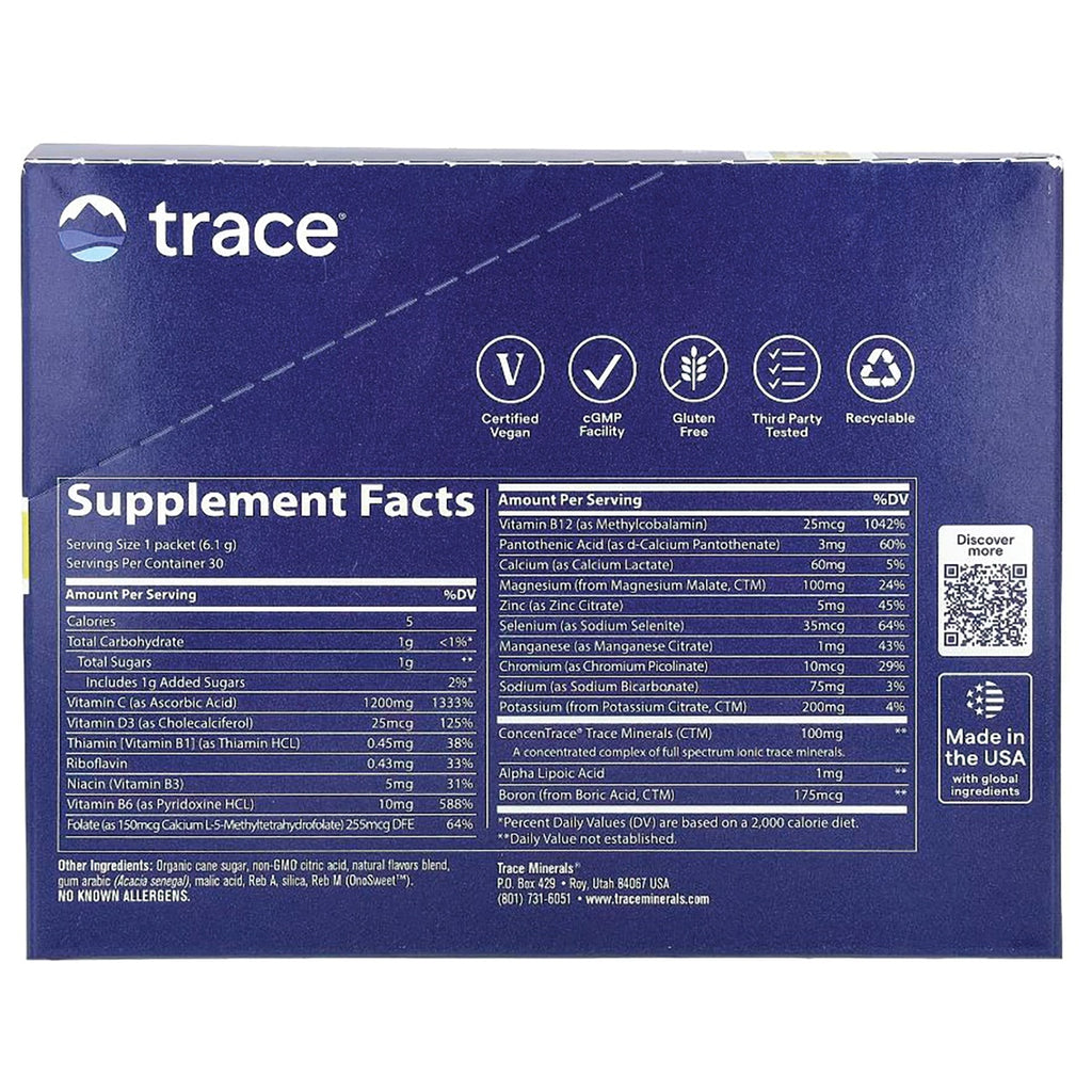 TM122 | Trace supplement box back showing Supplement Facts, certifications, QR code, and Made in USA badge - Thumbnail