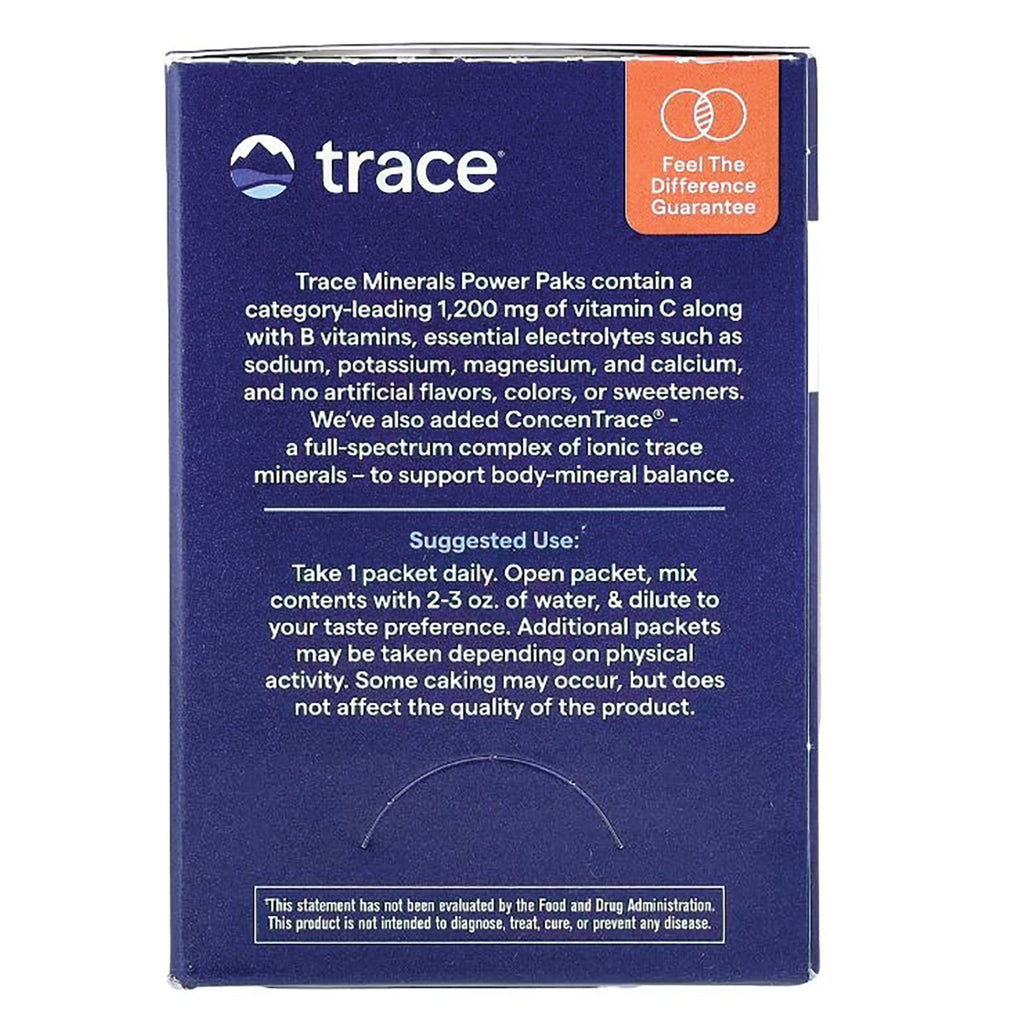 TM122 | Back of Trace Minerals Power Paks box with Suggested Use directions and Feel The Difference Guarantee badge - Thumbnail