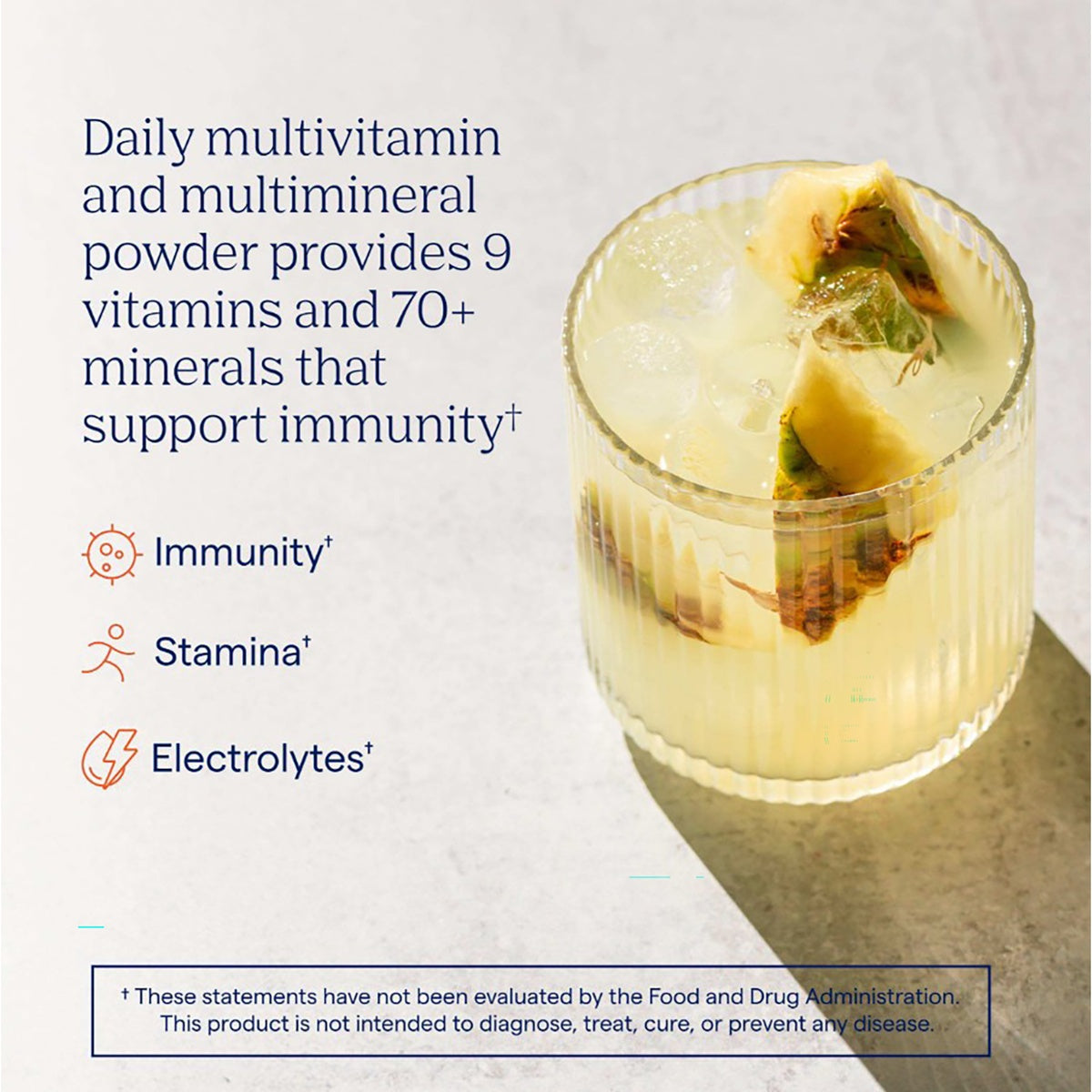 TM122 | Daily multivitamin powder drink with immunity, stamina, and electrolytes claims