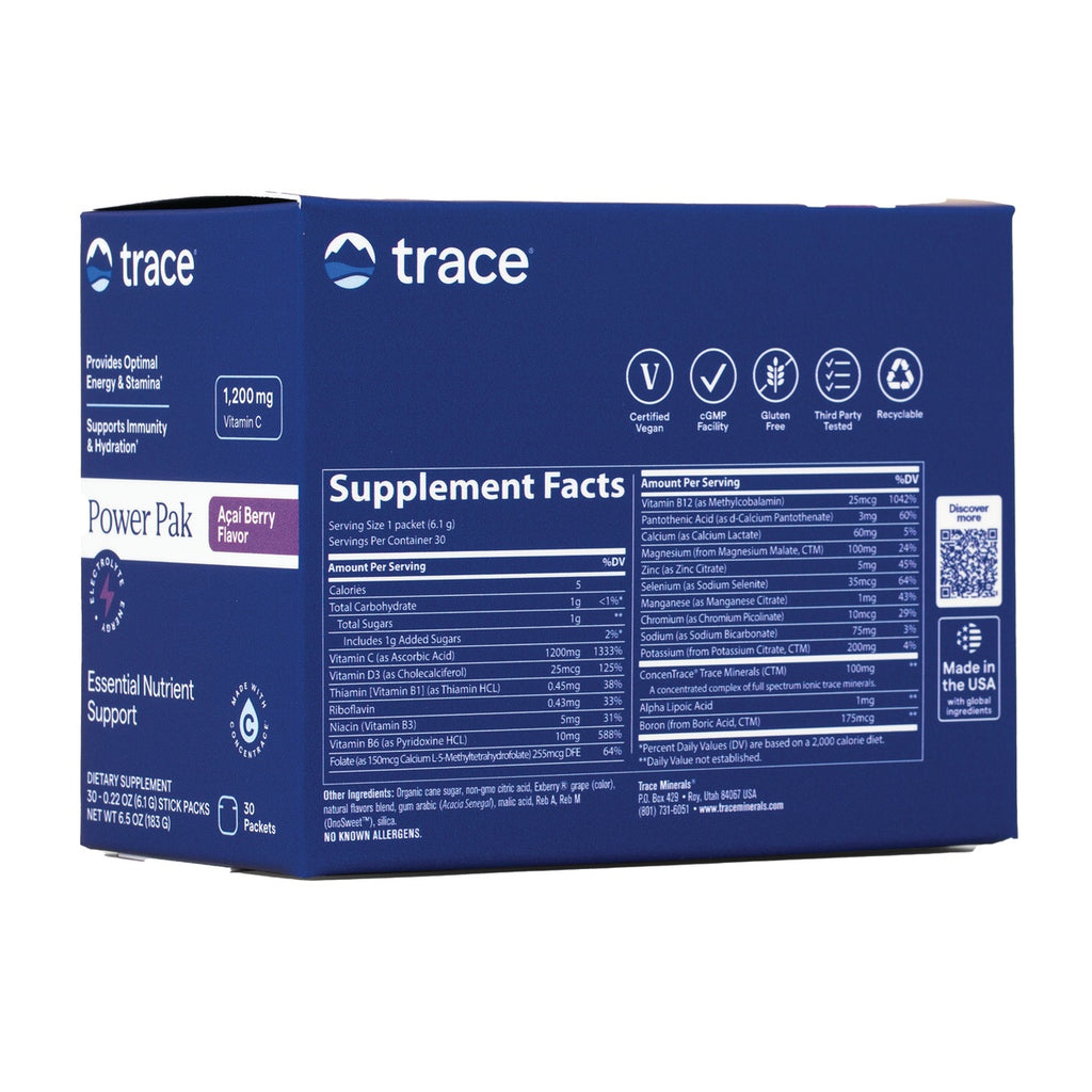 TM046 | Trace Power Pak Açaí Berry Flavor box back showing Supplement Facts panel, certifications, and QR code - Thumbnail