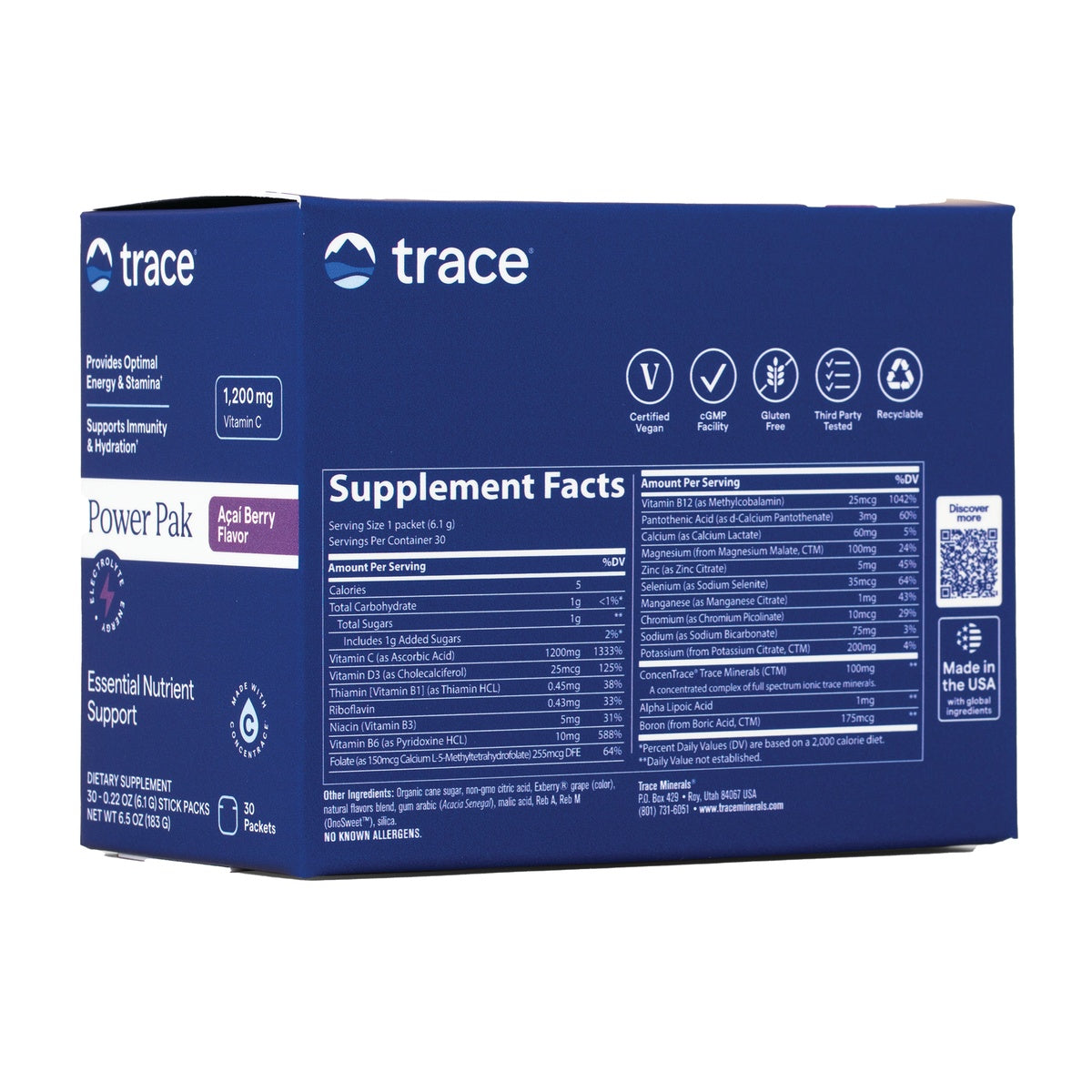 TM046 | Trace Power Pak Açaí Berry Flavor box back showing Supplement Facts panel, certifications, and QR code