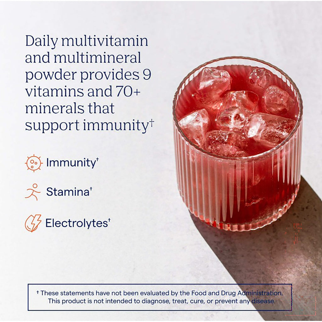 TM046 | Daily multivitamin and multimineral powder in a glass with ice, highlighting immunity, stamina, and electrolytes - Thumbnail