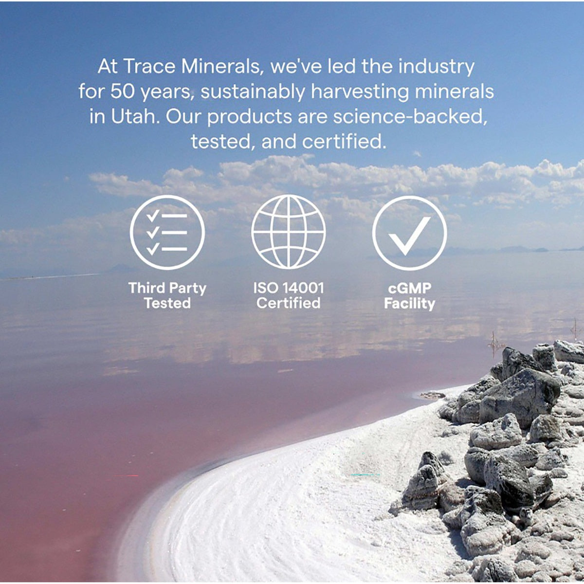 TM053 | Trace Minerals sustainability infographic showing third-party testing, ISO 14001 certification, and cGMP facility