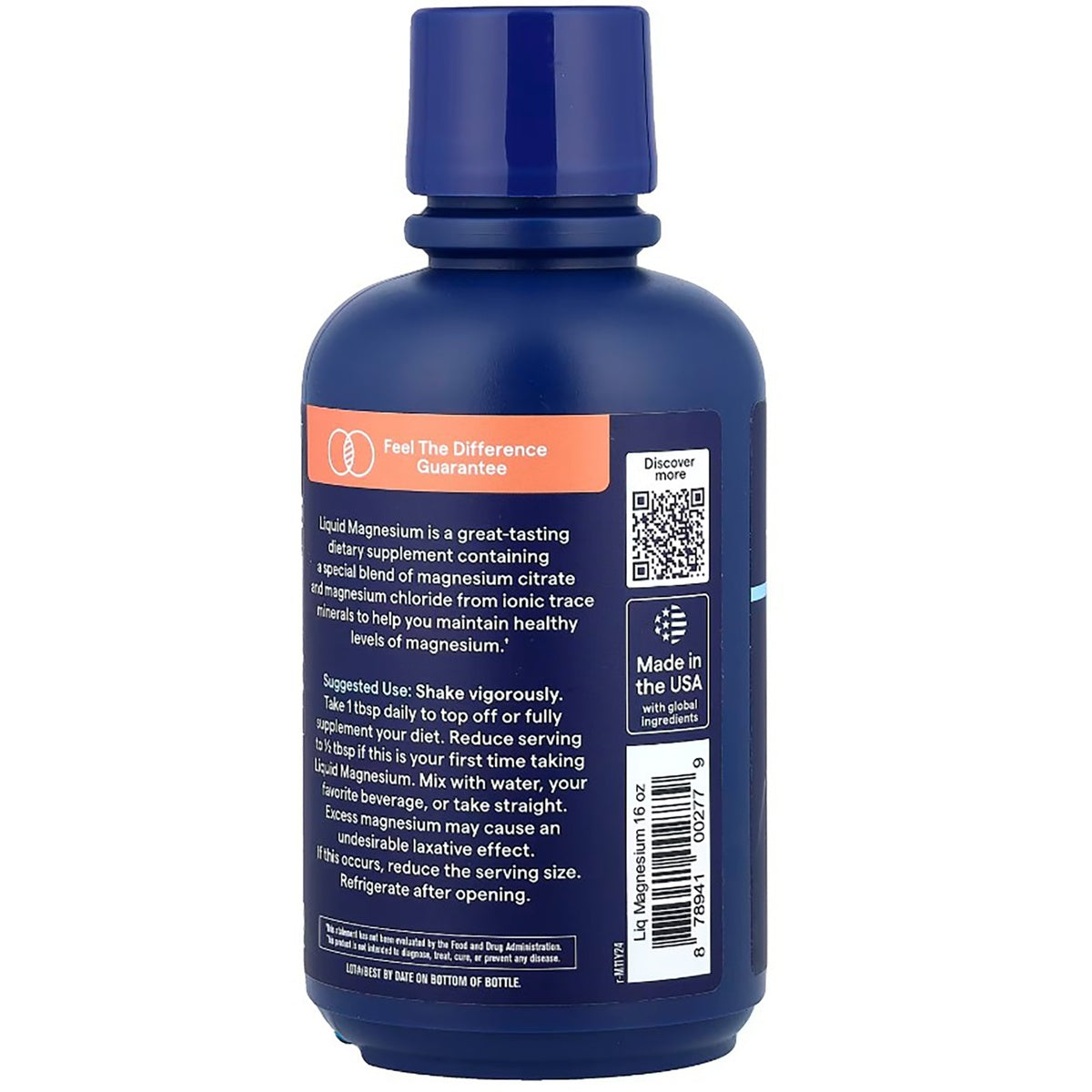 TM053 | Back label of blue liquid magnesium bottle with Supplement Facts, usage, and vegan, gluten free, cGMP, BPA free icons