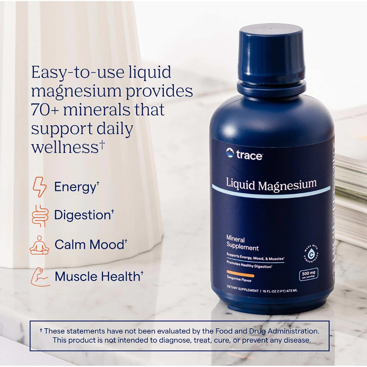 TM053 | Back of blue supplement bottle with white cap; side label shows social media callout and barcode