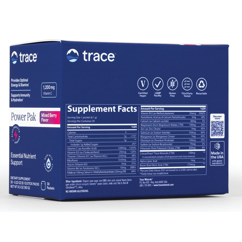 TM119 | Trace Power Pak Mixed Berry box back with Supplement Facts panel and icons: Vegan, cGMP, Gluten Free, Third Party Tested - Thumbnail