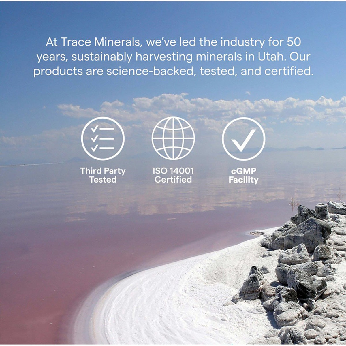 TM119 | Trace Minerals brand infographic with Utah salt flats, third-party tested, ISO 14001 certified, and cGMP facility