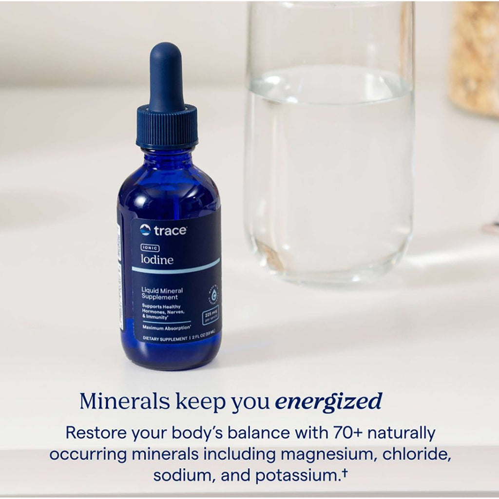 TM083 | Trace Ionic Iodine liquid mineral supplement bottle beside a glass of water with promotional text - Thumbnail