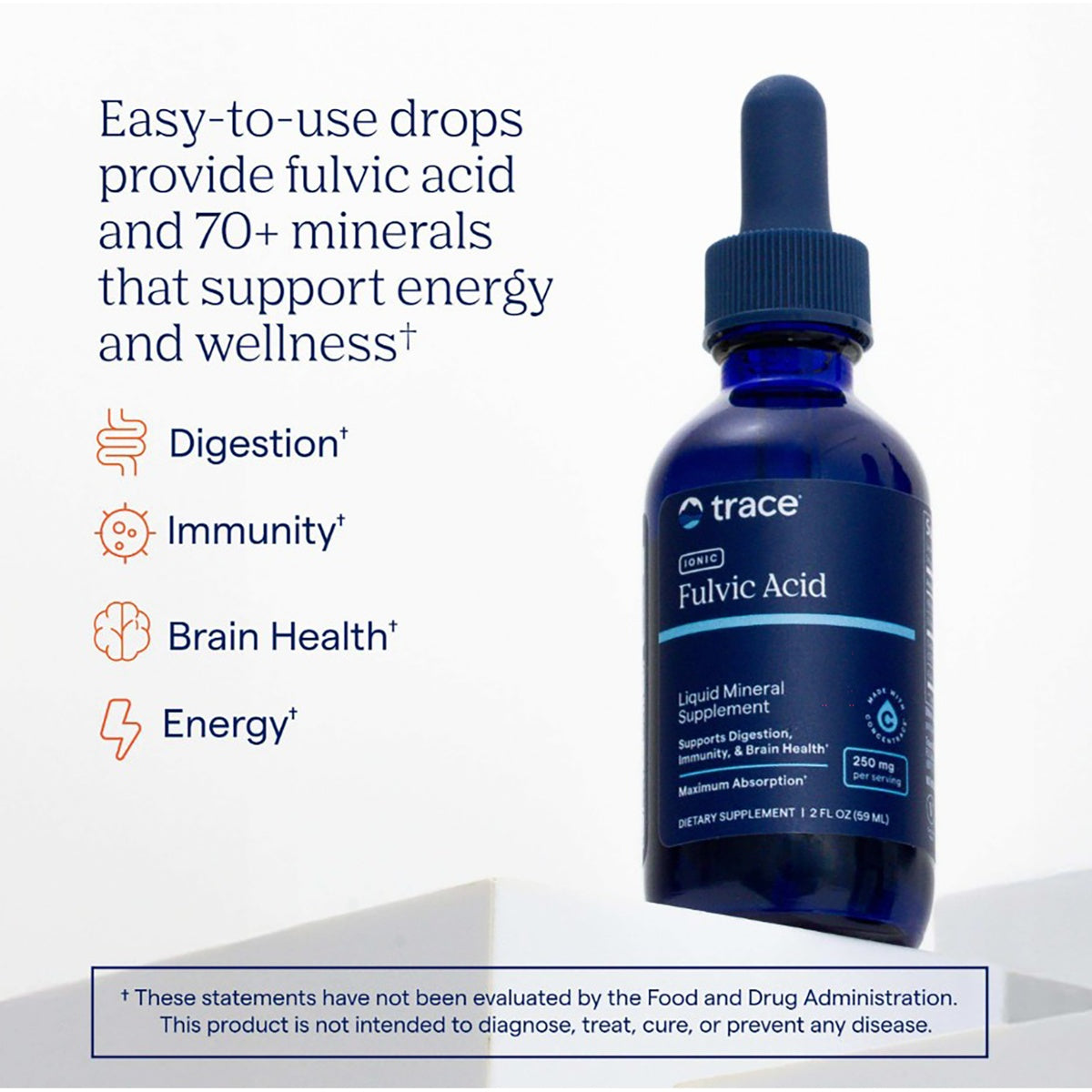 TM126 | Trace Ionic Fulvic Acid liquid mineral supplement bottle with benefits infographic