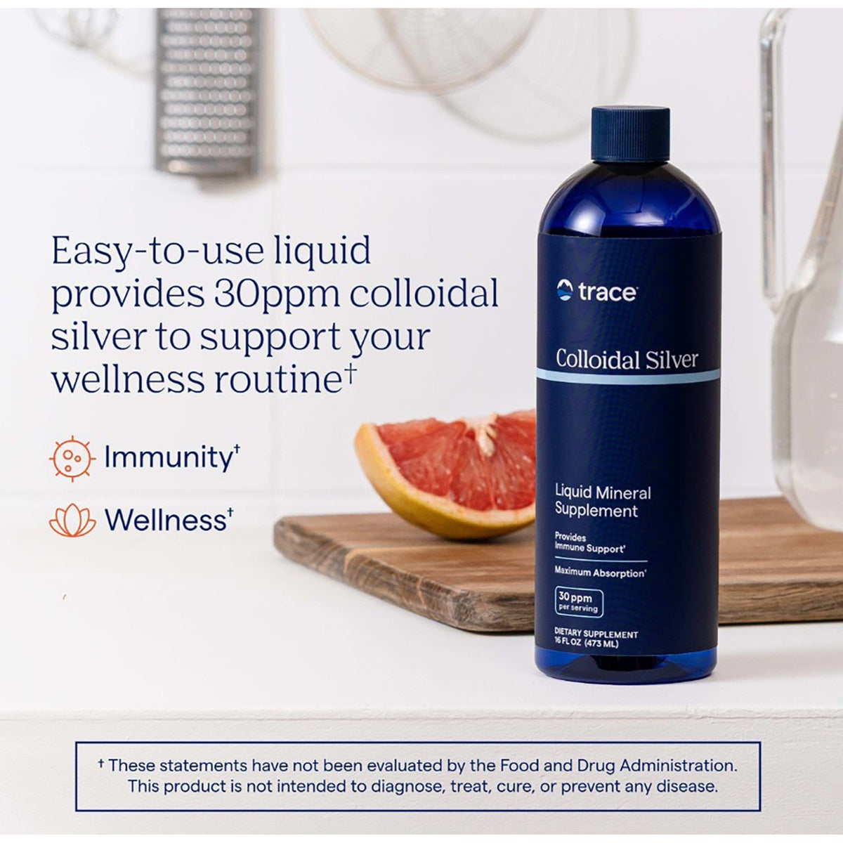 TM096 | Trace Colloidal Silver liquid mineral supplement bottle with immunity and wellness claims