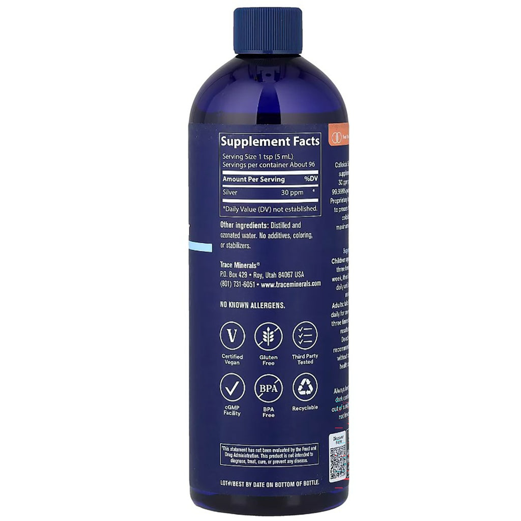 TM096 | Back label with Supplement Facts for silver 30 ppm and ingredients on blue bottle - Thumbnail