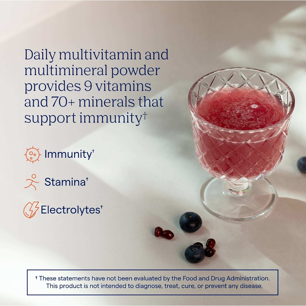 TM069 | Daily multivitamin powder drink infographic with immunity, stamina, and electrolytes