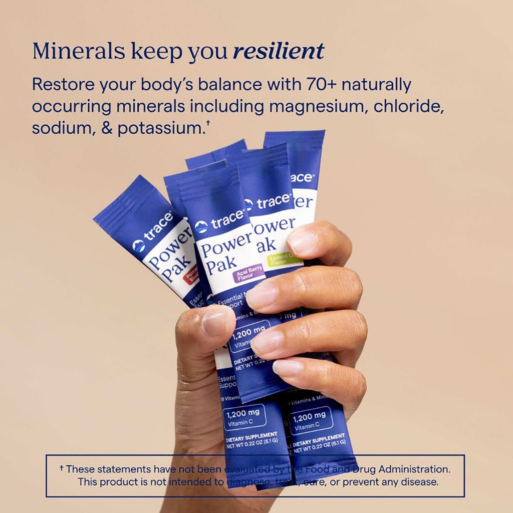 TM070 | Hand holding Trace Power Pak sachets with minerals keep you resilient text - Thumbnail