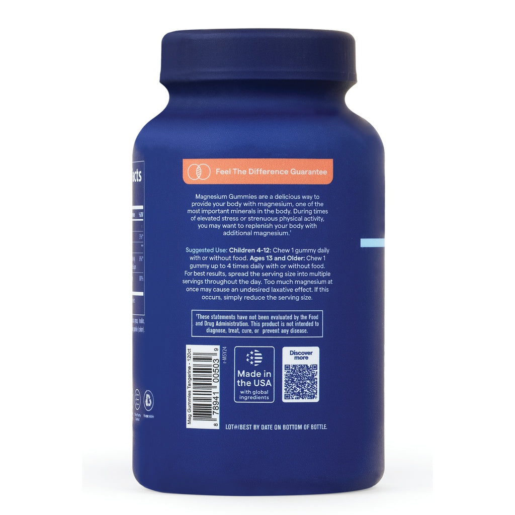 TM113 | Back label of magnesium gummies bottle with usage directions, Feel The Difference Guarantee, QR code, Made in the USA - Thumbnail