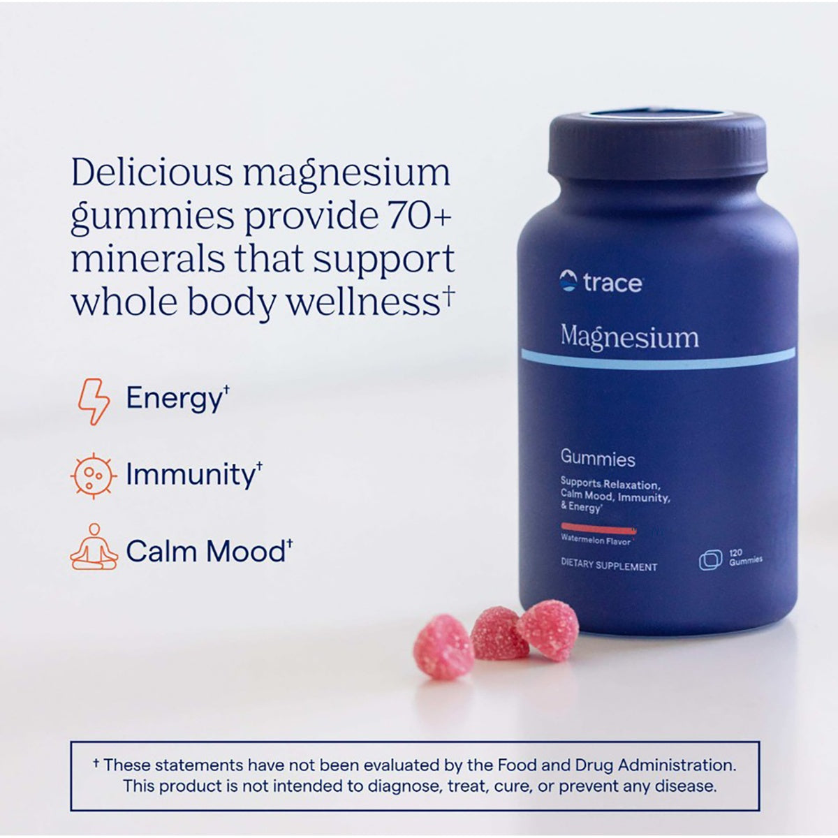 TM113 | Trace Magnesium Gummies bottle with three pink gummies and benefits for energy, immunity, and calm mood