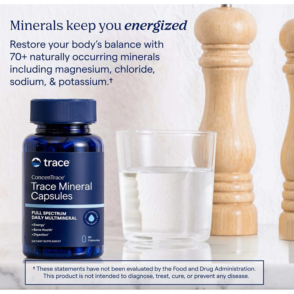 TM113 | Trace Mineral Capsules bottle beside a glass of water with minerals keep you energized text - Thumbnail