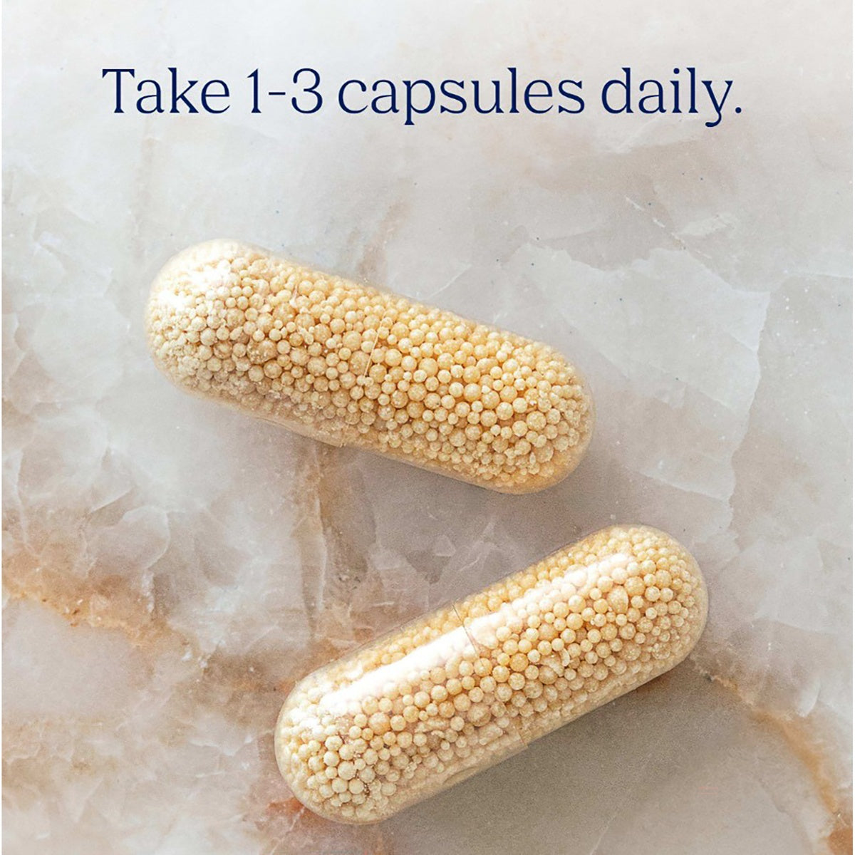 TM113 | Two clear capsules filled with beige pellets on a marble background with the text, Take 1-3 capsules daily