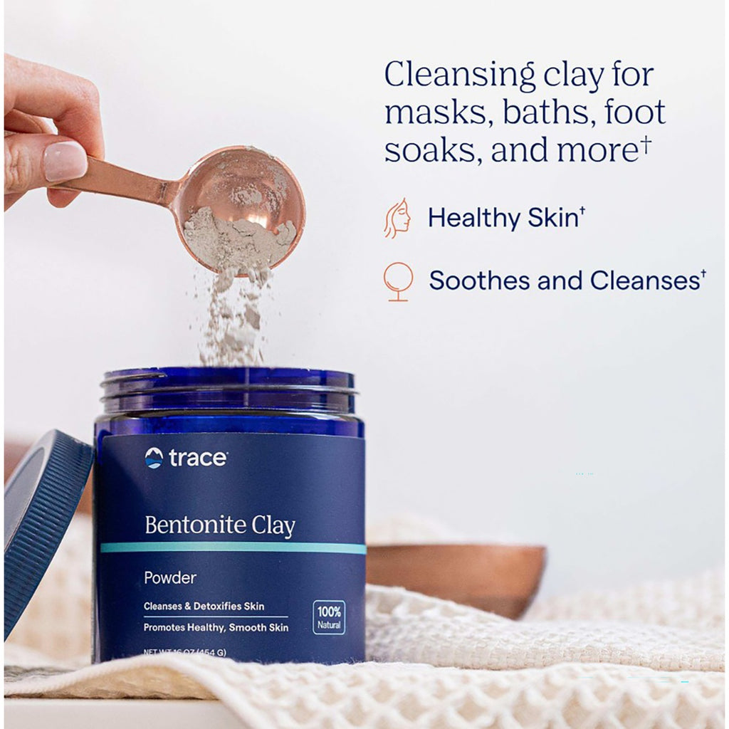 TM087 | Trace Bentonite Clay powder in a jar with a spoon pouring clay, shown for masks, baths, and foot soaks - Thumbnail