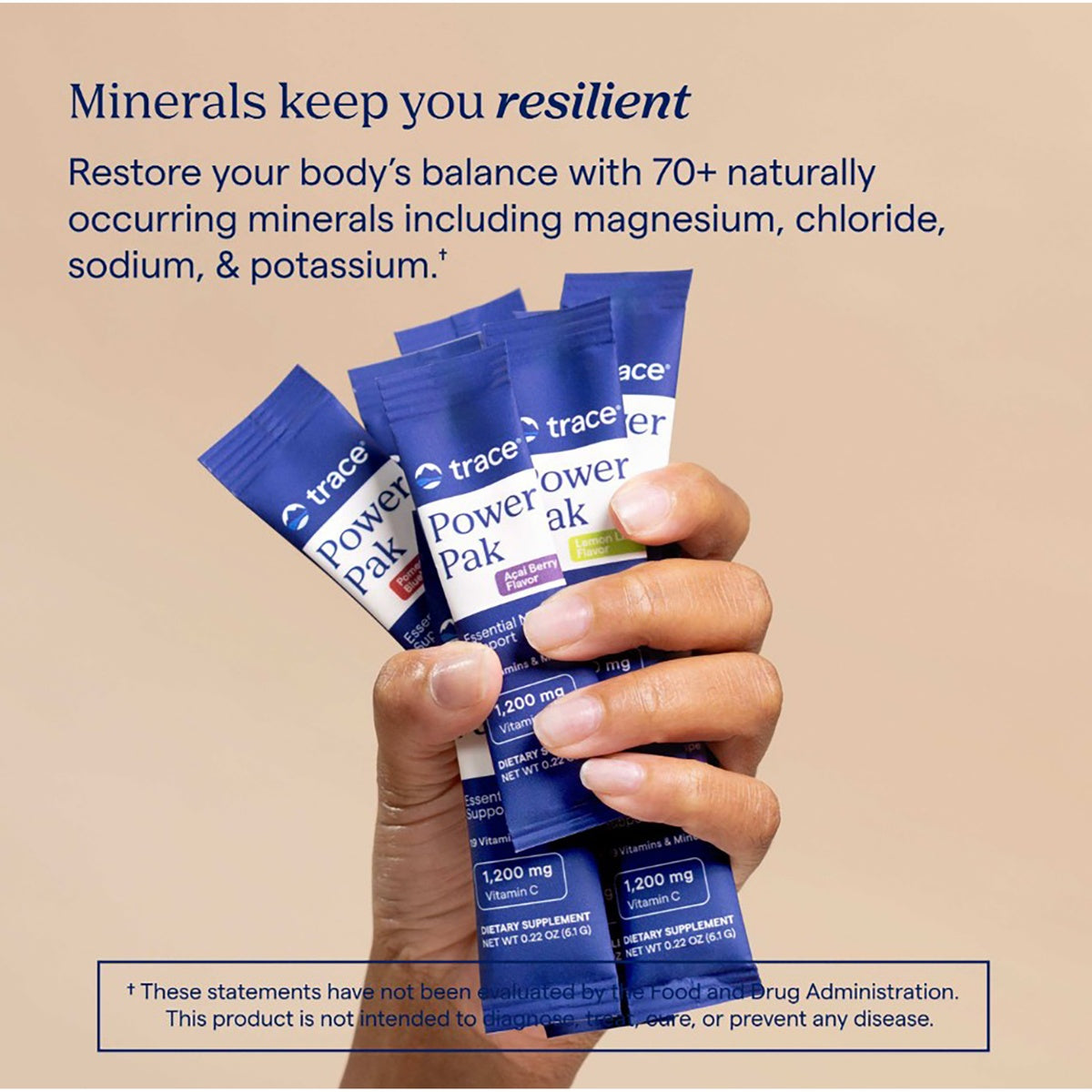 TM123 | Hand holding Trace Power Pak electrolyte stick packs with minerals claim and flavor labels