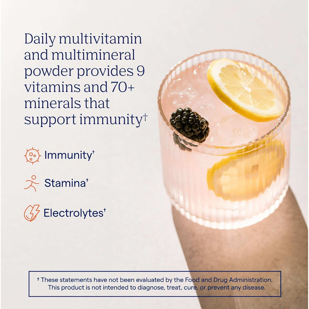 TM123 | Daily multivitamin powder in a glass with citrus and blackberry, highlighting immunity, stamina, and electrolytes - Thumbnail