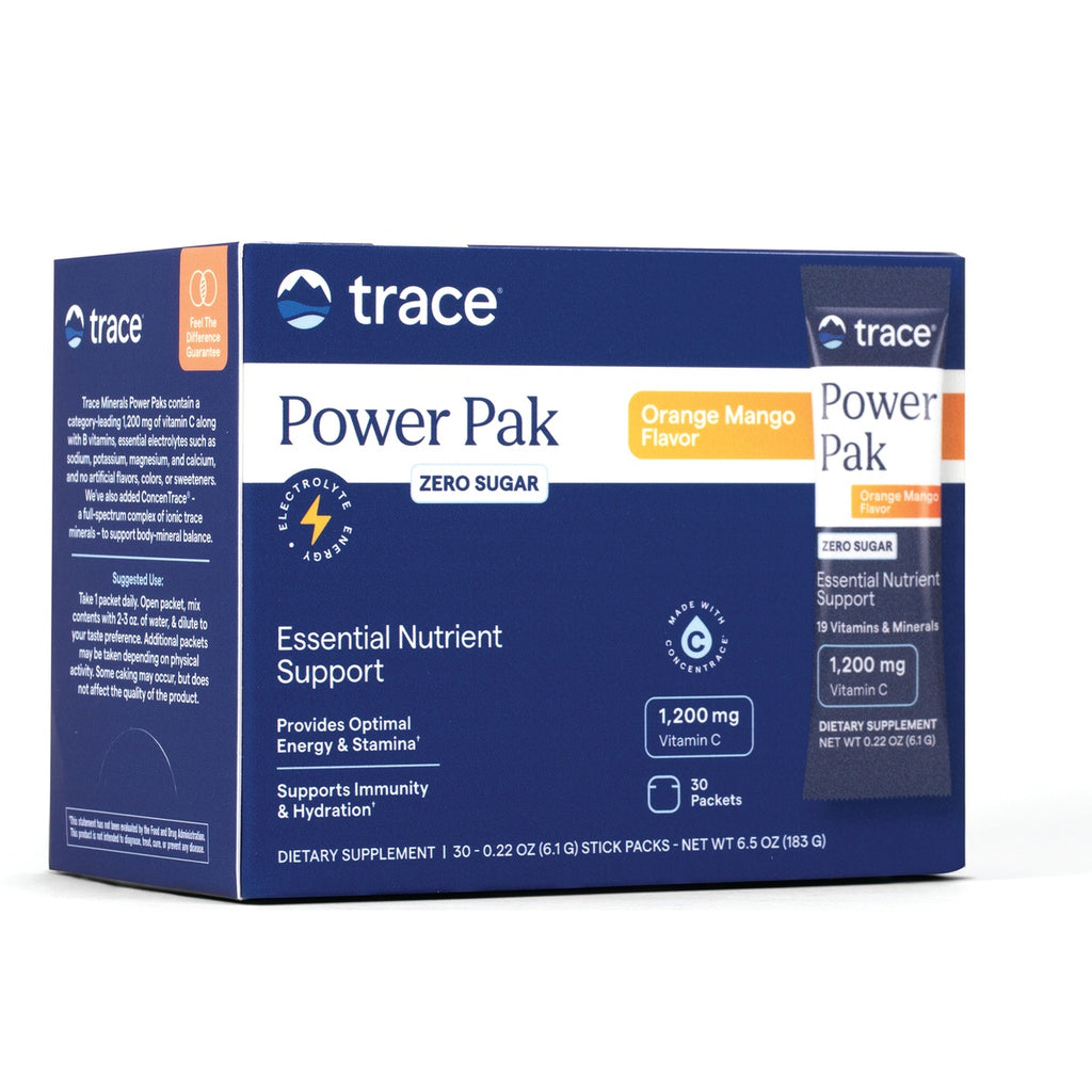 TM121 | Trace Power Pak Zero Sugar Orange Mango box front, 1,200 mg Vitamin C, 30 packets - Thumbnail