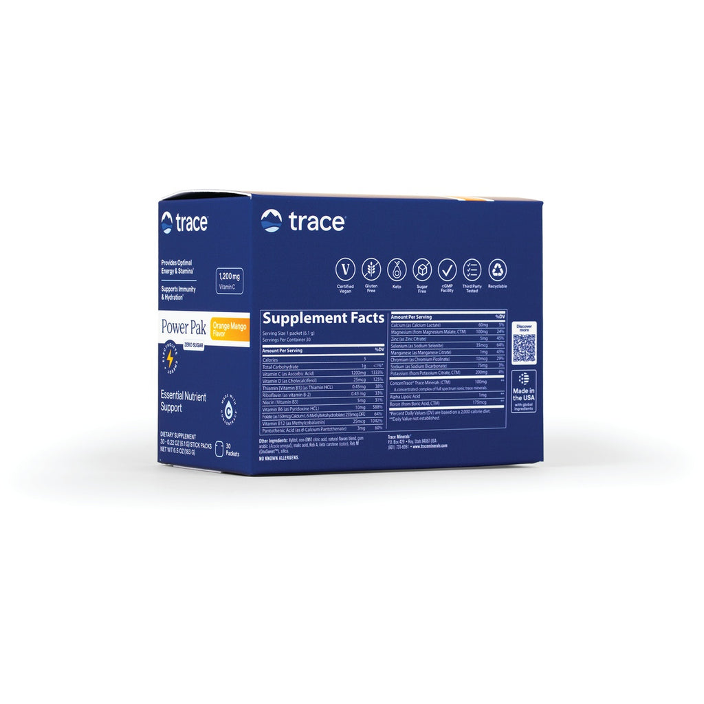 TM121 | Back of Trace Power Pak box showing Supplement Facts and icons; Orange Mango flavor - Thumbnail