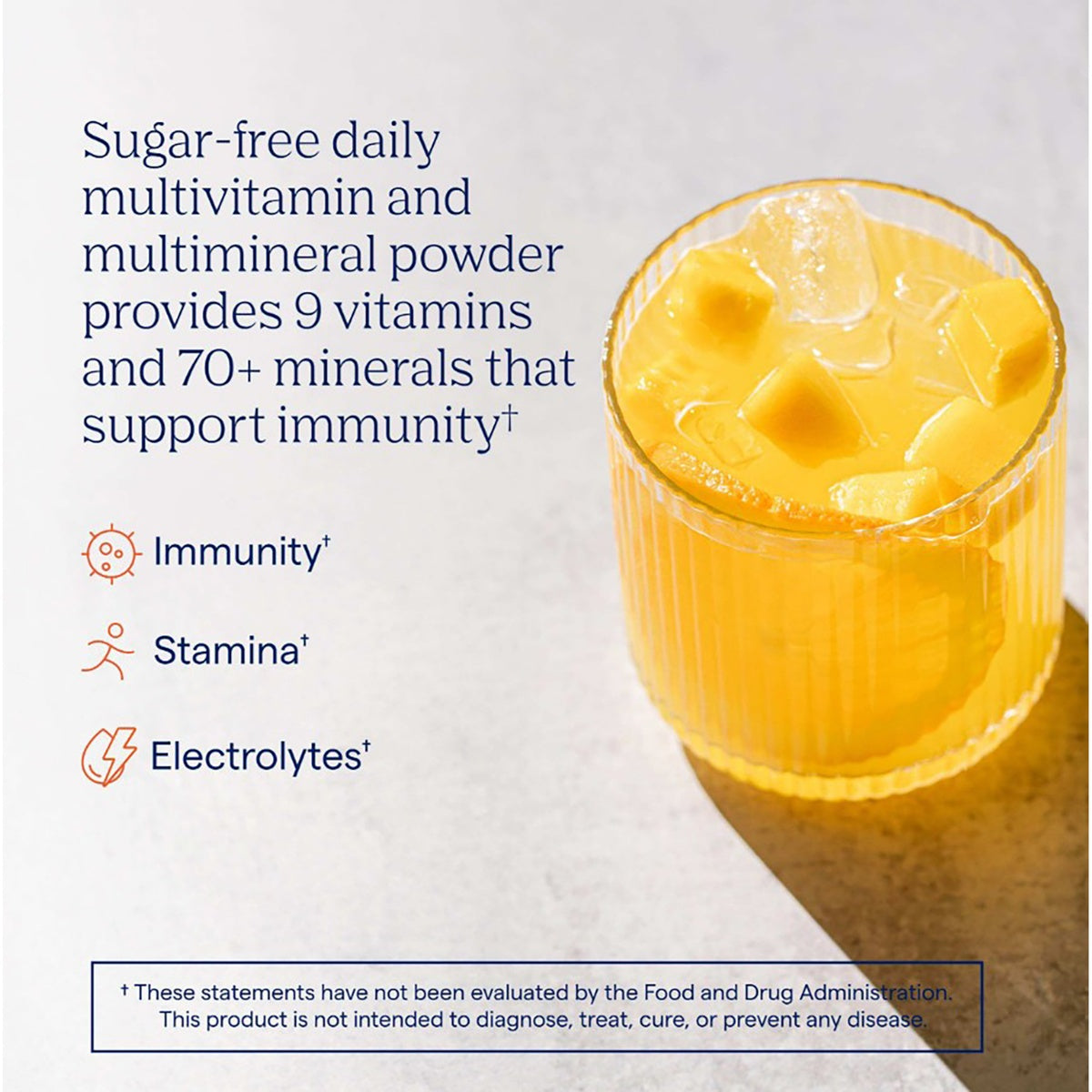 TM121 | Sugar-free multivitamin powder drink with citrus beverage and immunity, stamina, and electrolytes callouts